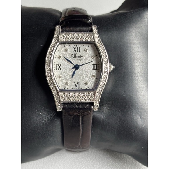 Affinity Sterling Silver Pave Diamond Watch Black Leather Band Needs Battery main image 15
